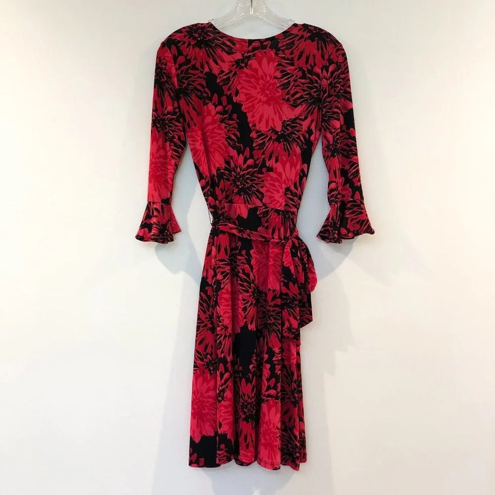 Leota Red Floral Tie Front V Neck Midi Dress XS - Picture 7 of 7